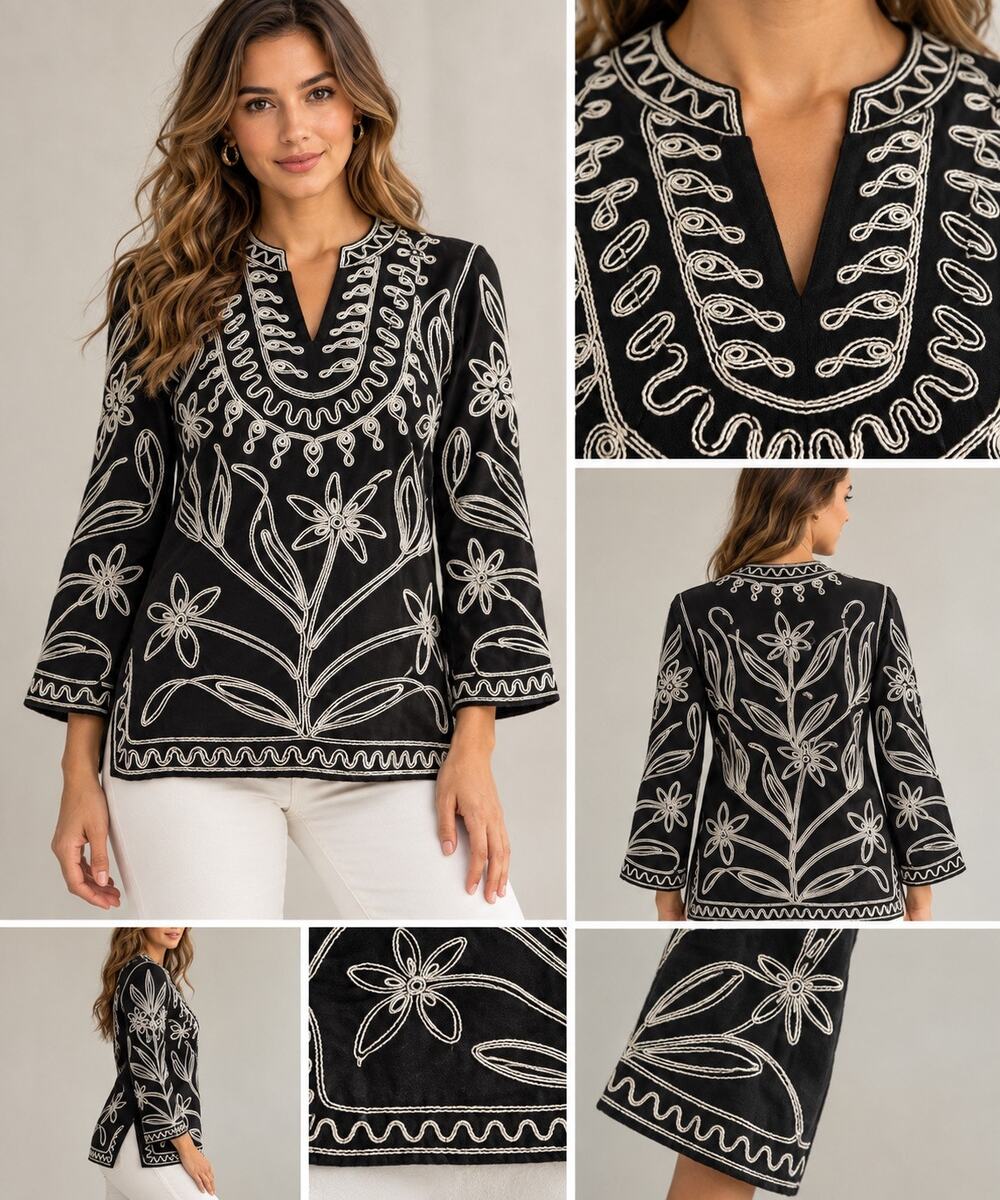 Lauren Michelle Tunic Top S Black Silver Metallic Embroidered Boho Floral